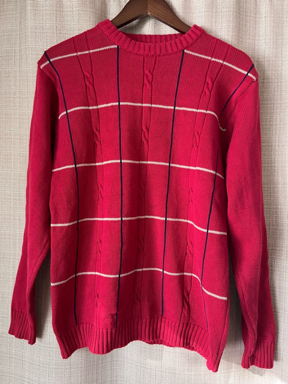 Vintage Oscar de la Renta Red Cable Knit Striped Sweater Preppy Grandpa Core - Picture 3 of 9